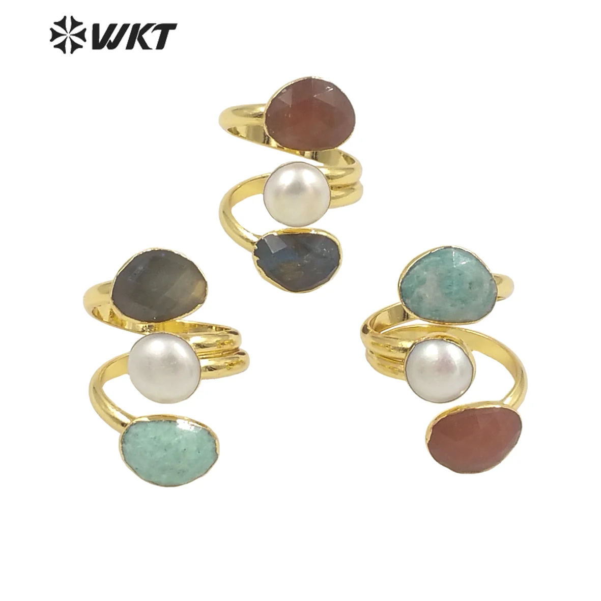 WT-R407 WKT 2022-anillos de moda amazónica Natural, labradorita, Piedra del Sol y perlas, anillos ajustables para boda, fiesta, joyería