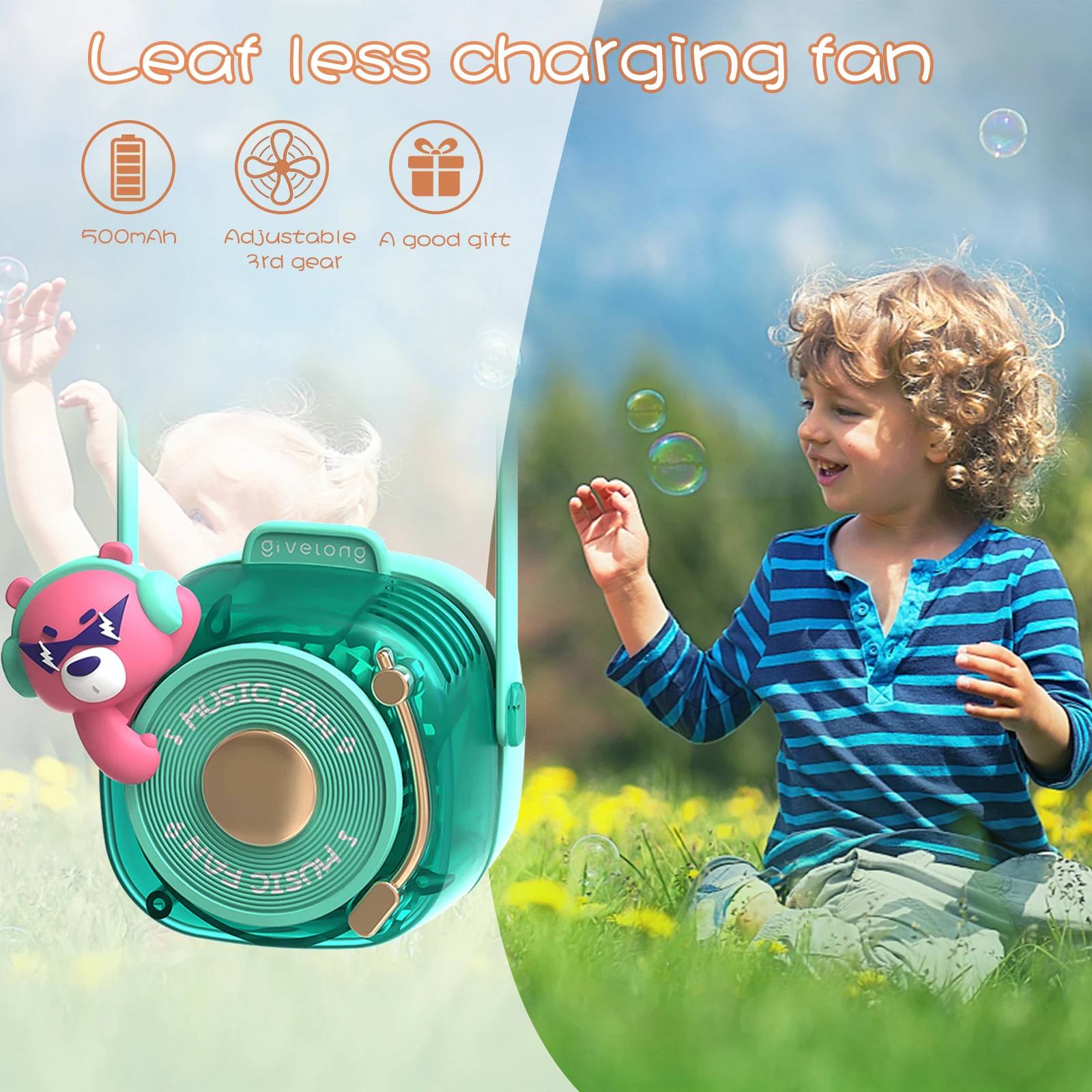 

USB Electric Fan Bladeless Animal Style Lazy Neck Fan Type-C Charging 1W 500mAh 3-speed Adjustable Kids Gifts for Outdoor Travel