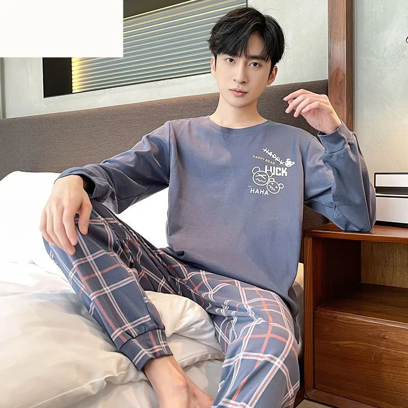 L-5XL Pajamas Men's Spring Autumn Cotton Casual Long Sleeve Pants Pijamas Two Piece Korean Loose Sleepwear Home Clothing Suit
