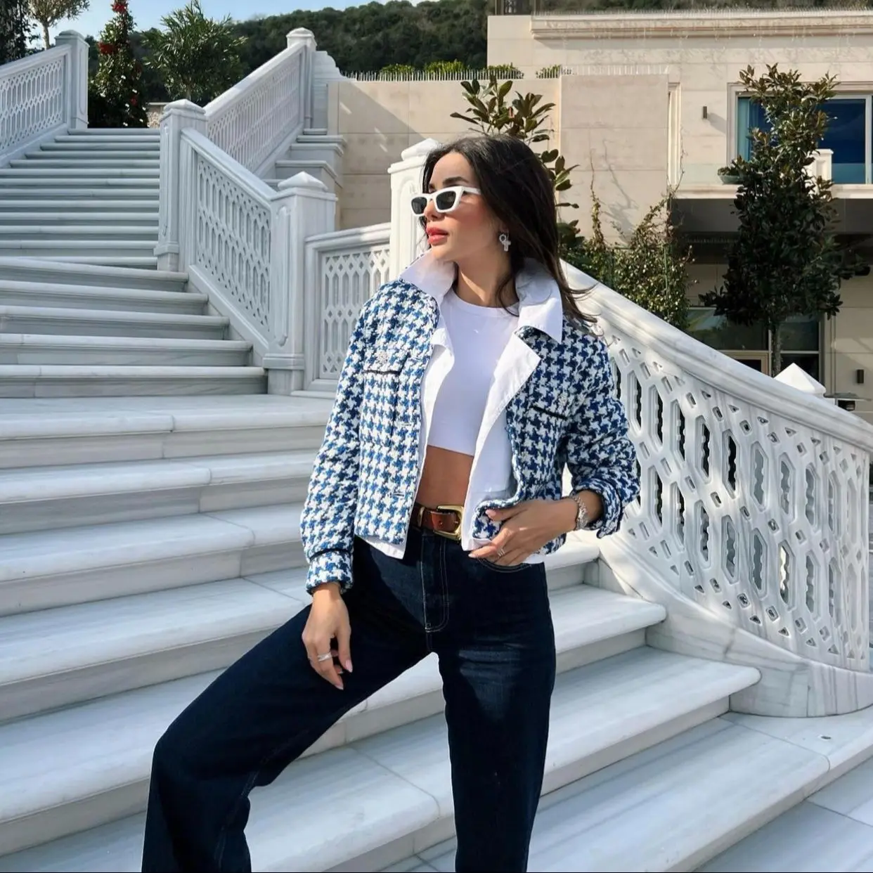 

JUNWU Spring Autumn Women's Two Color Textured Houndstooth Lapel Single Breasted Short Long Sleeve Pocket Jacket Casual British