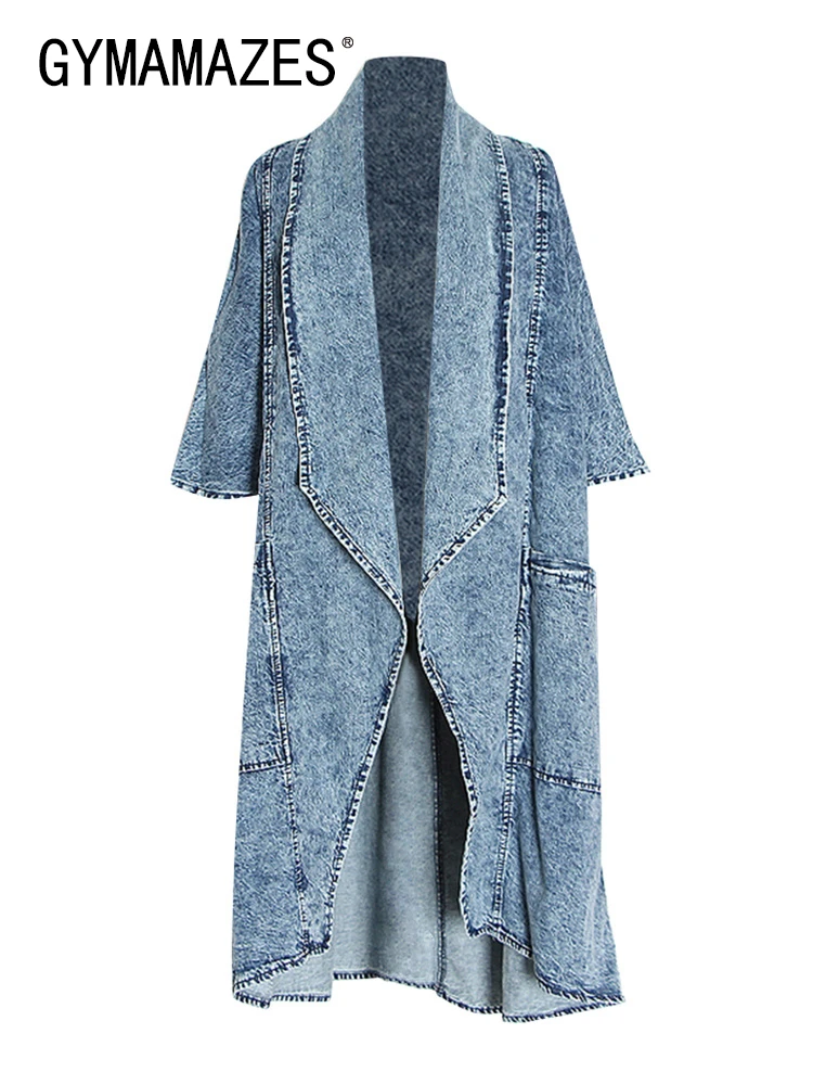 

Тренч GYMAMAZES женский джинсовый с отворотом, Повседневная Свободная ветровка с длинным рукавом летучая мышь, с карманами, в стиле пэчворк, синяя уличная одежда