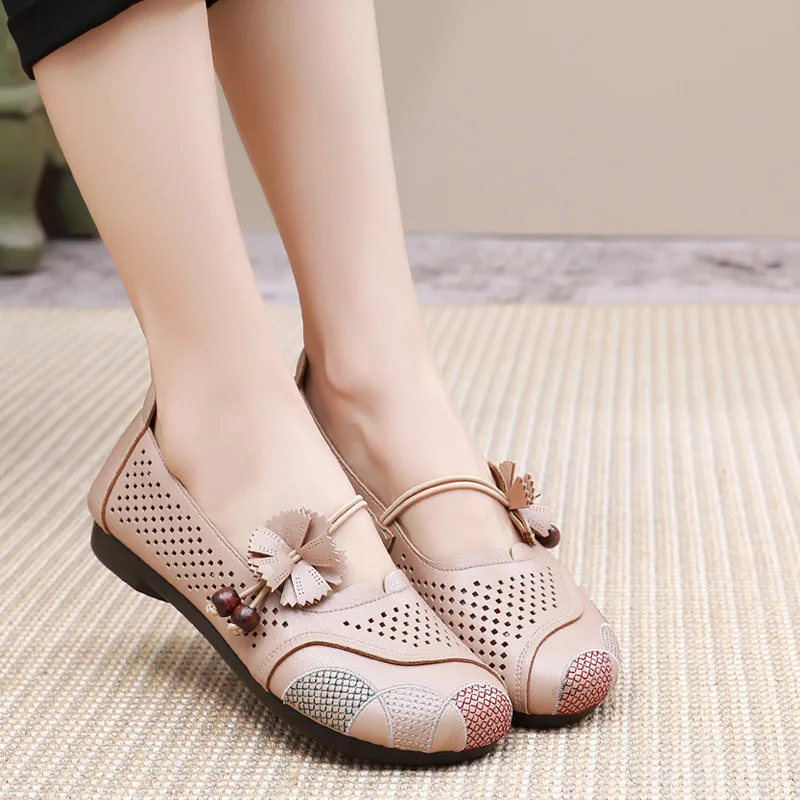 Beads Mary Janes Shoes For Women Summer Flats Ladies Breathable Driving Shoes Woman Loafers Mom Low Heels Shoes Free Shipping