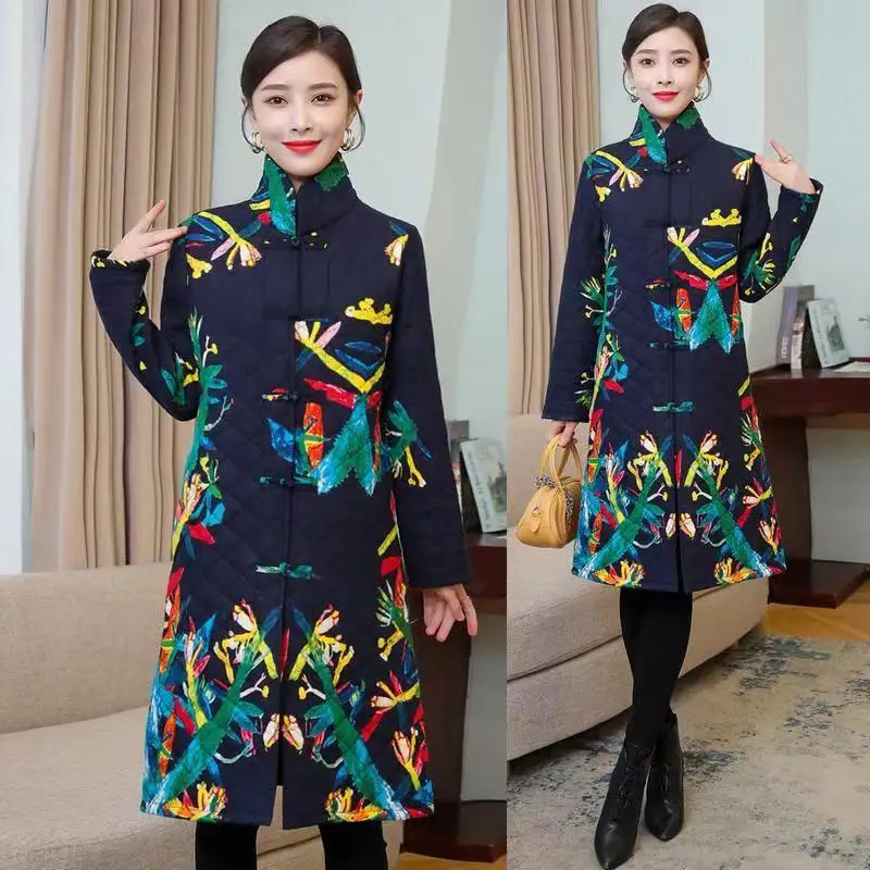 Ethnic style Women mother's winter Buckle middle-aged ladies Chinese style cotton-padded jacket embroidered Outwear Trench Coats