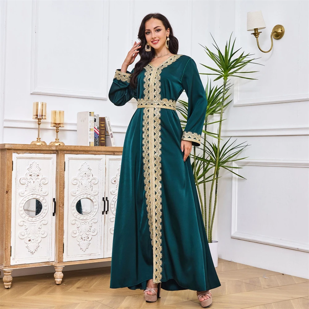 

Марокканские блестки Abaya Дубай, Турция Kaftan женское мусульманское платье с разрезом на подоле кружевная Лента отделка персика Jalabiya Рамадан Eid халат платье