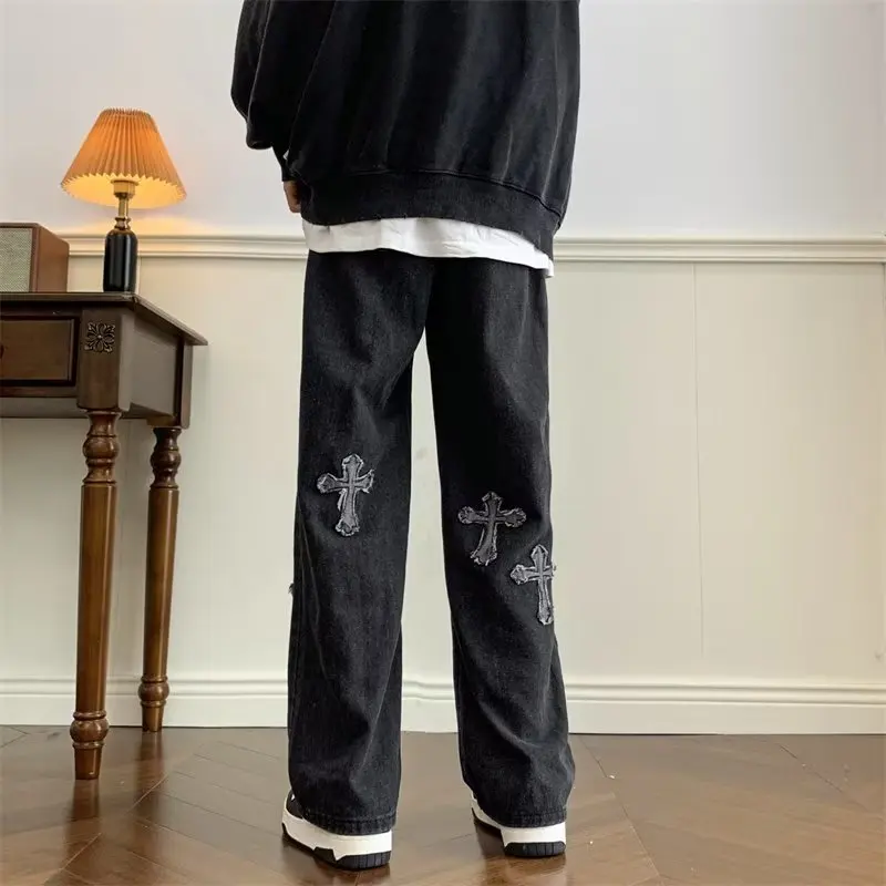 Men Streetwear Baggy Jeans Cross Hip Hop Mens Black Loose Pants Women Oversized Boyfriend Denim