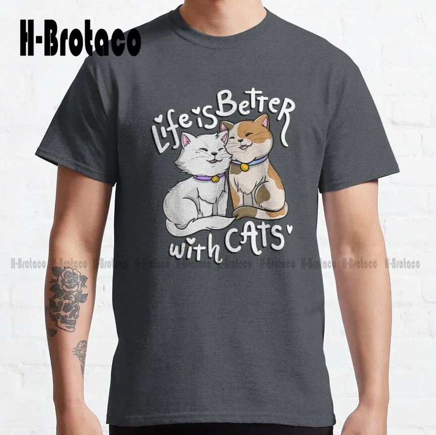 

Классическая футболка «жизнь лучше с кошками», забавный подарок на заказ, уличная одежда, мультяшная футболка, креативная забавная футболк...