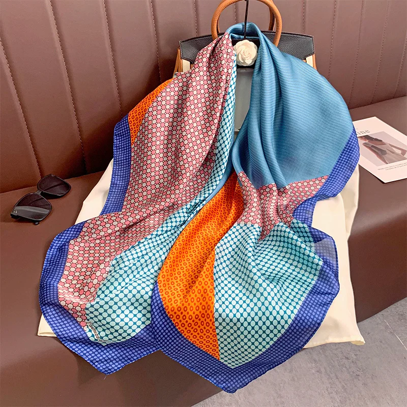 

New 110x110cm Silk Scarf Women's Square Artistic Mixed Colours Lightweight Bandana Headwear Warm Stole Sun Cream Head Scarf