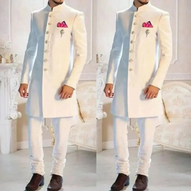 

Fashion Design White Stand Collar Single Breasted Ethnic Indian Tuxedo Groom Long Suits For Men Wedding Formal Slim Fit Wear 2Pc