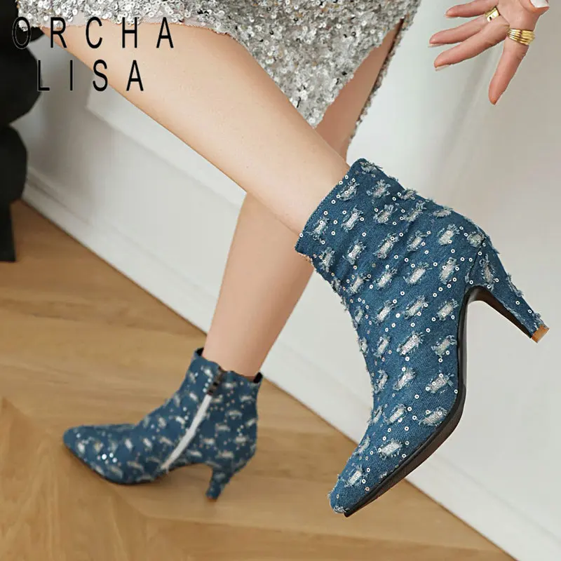 

ORCHA LISA Denim Women Ankle Boots Pointed Toe High Heels 8.5cm Zipper Large Size 47 Leisure Daily Shoes Autumn Winter Bota 33