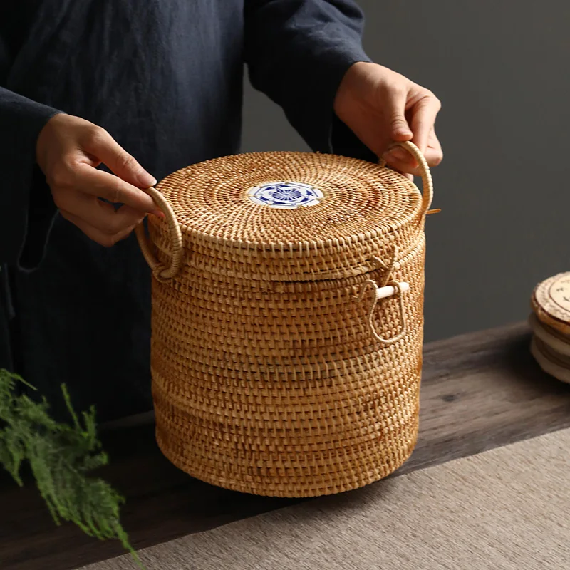 Handwoven Rattan Tea Storage Box With Lid Green Tea Bag Organizer Puer Tea Caddy Snack Canister Food Container Kongfu Teaset