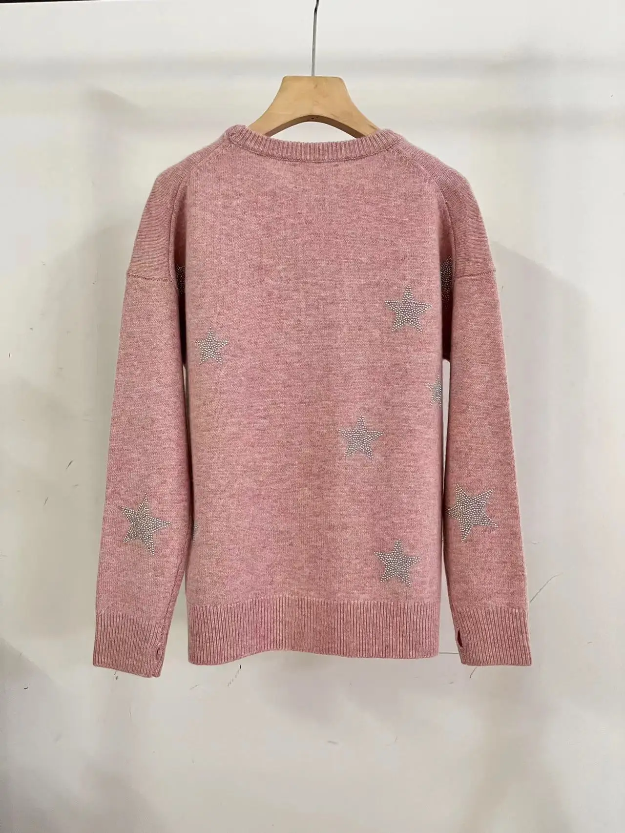 

Women Sweater 100% Cashmere Rhinestones Stars Decoration Jumper Long Sleeve O-Neck Knitted Pullover