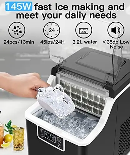 

Countertop Ice Maker,High-Efficient Square Ice Maker Machine,2 Way Add Water,45 lbs Cubes Daily,Self-Cleaning,Ice Size Control,2