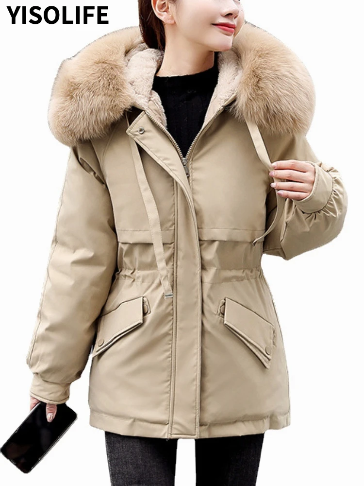 

Women's New Winter Clothing Fleece Hooded Parkas Korean Bomber Coats and Jackets Faux Fur Collar Thicken Wool Liner Trench Coat
