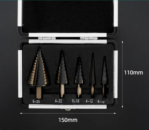

HSS прямая рифленая ступенчатая дрель-пагода, 3 шт., 5 шт., 6 шт., тканевая сумка, набор разверток с шестигранным хвостовиком, титановое покрытие, дерево, металл, отверстие