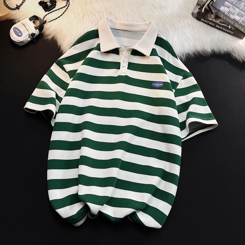 

Harajuku Striped T-shirts For Men College Style Man Oversized Tees Short Sleeve Tshirt Turn-down Collar Tops 5XL Male Clothing