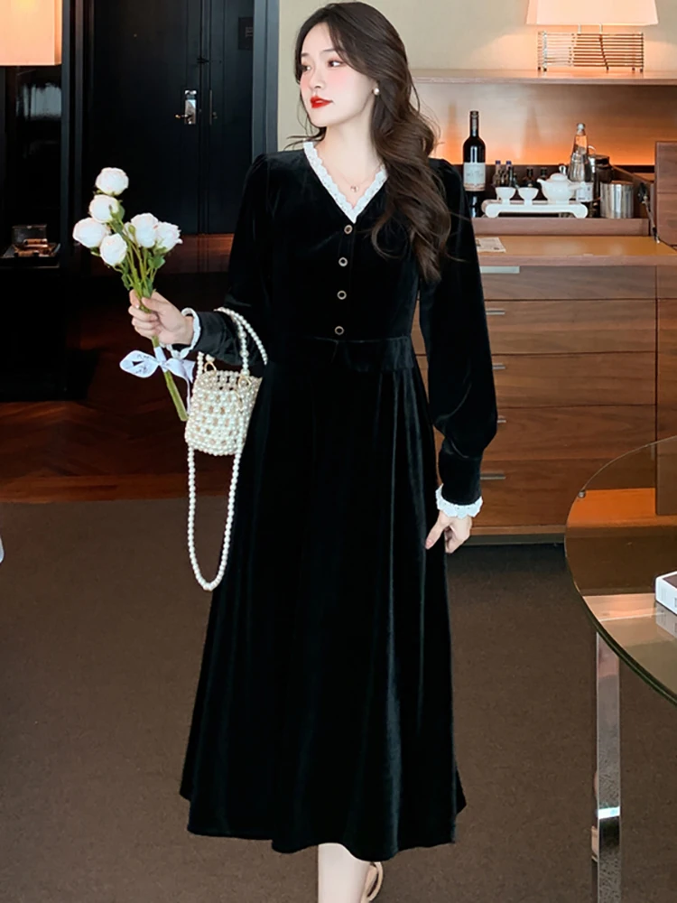 

Осенне-зимнее черное бархатное плотное теплое платье миди для женщин шикарное кружевное платье с длинным рукавом и V-образным вырезом 2023 корейское винтажное платье в стиле Хепберн для выпускного вечера