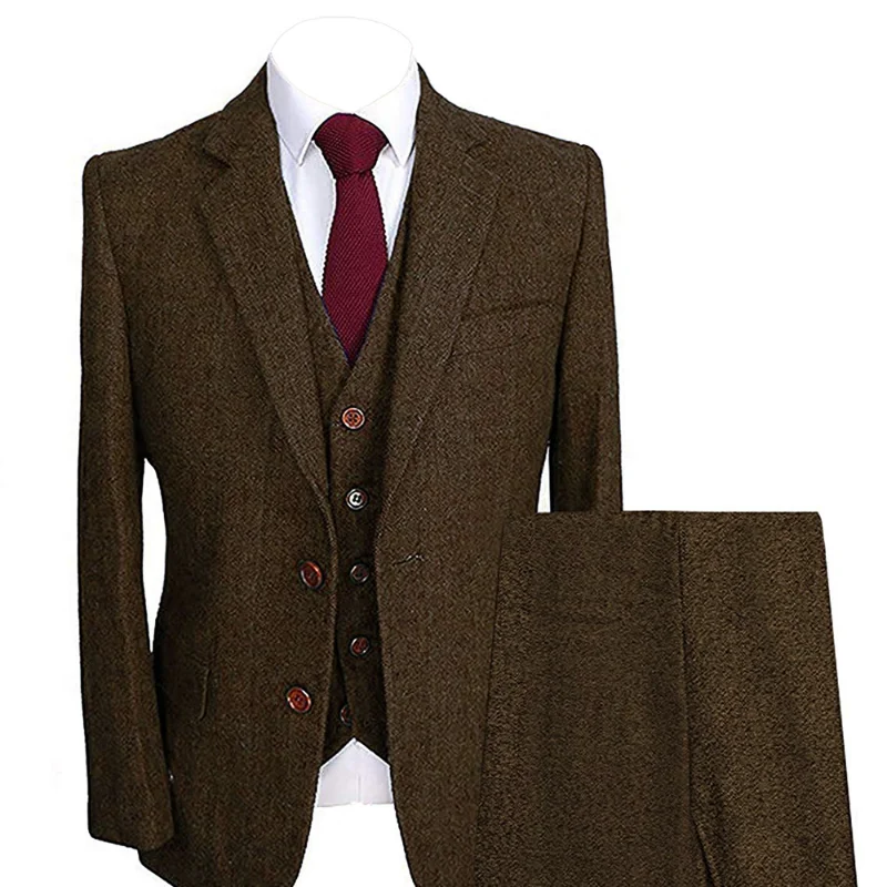 Деловые мужские шерстяные Твидовые костюмы смокинги в елочку с отложным