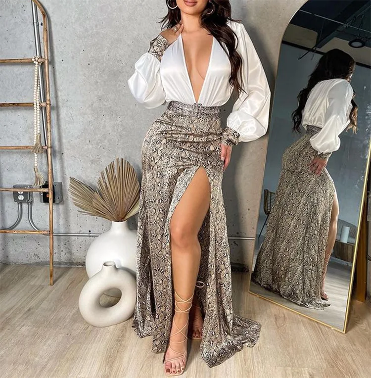 

Women's Maxi Dress Autumn and Winter 2021 New Deep V-neck Two-color Splicing Long Sleeve Split Long Dress