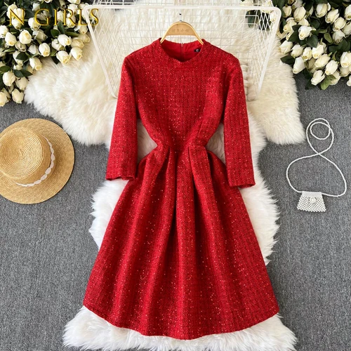 

N GIRLS2022 French Style Ladies Temperament Red Dress Women Retro Tweed Sequins Vestidos De Mujer High Waist A-line Robe Femme