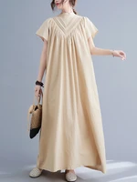 japanese simple style womens dress maxi dress 2022 summer new elegant stand collar short sleeve loose cotton linen long dress