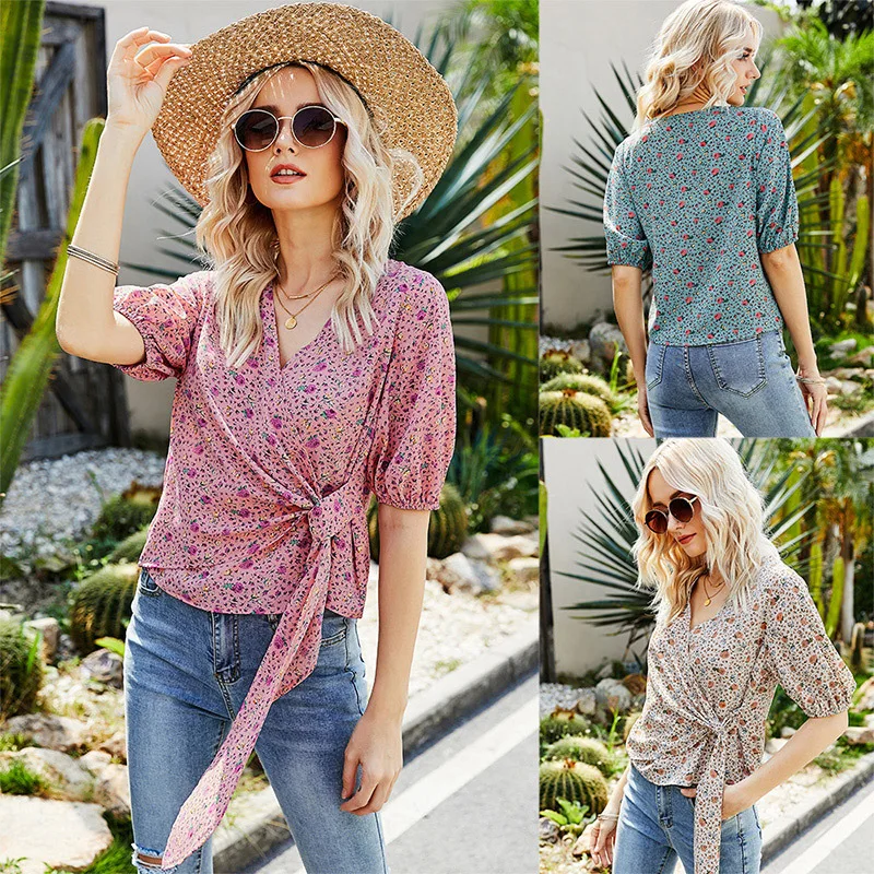 

Sweet sunblock shirt summer 2022 side tie V-neck shirt youth thin thin top