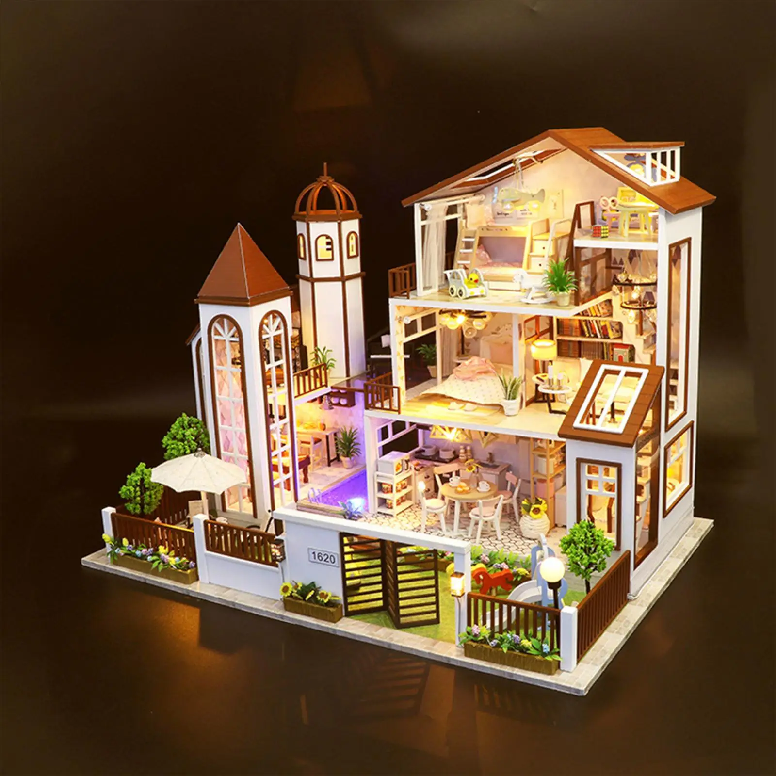 

Miniature Doll House Kit with Furniture Handmade Wood LED Light Modern Villa Girl Toy Self Assembled Wood House 3D Puzzle Model