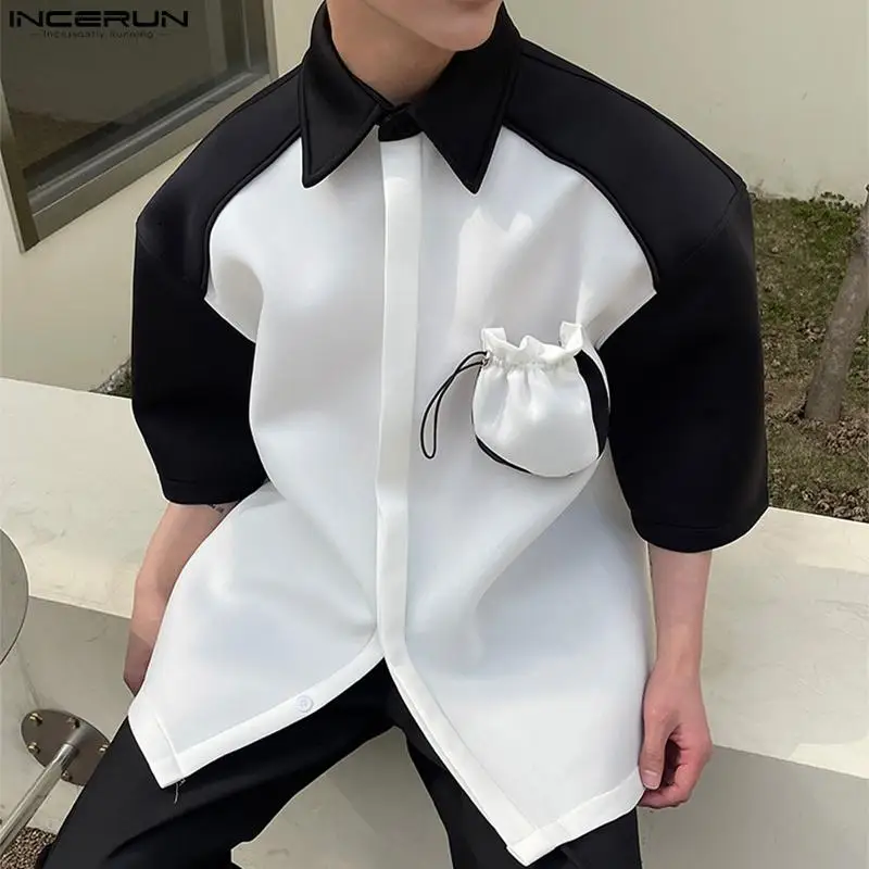 

Korean Style New Men's Black&White Contrasting Color Patchwork Shirts Casual Raglan Short Sleeved Blouse S-5XL INCERUN Tops 2023