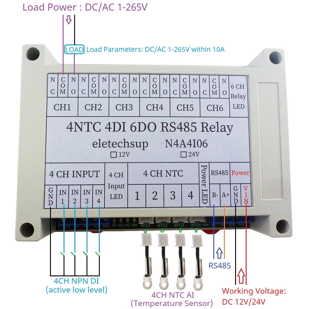 4AI-4DI-6DO Modbus RTU ПЛК 14-канальный многофункциональный сетевой шины RS485 NTC