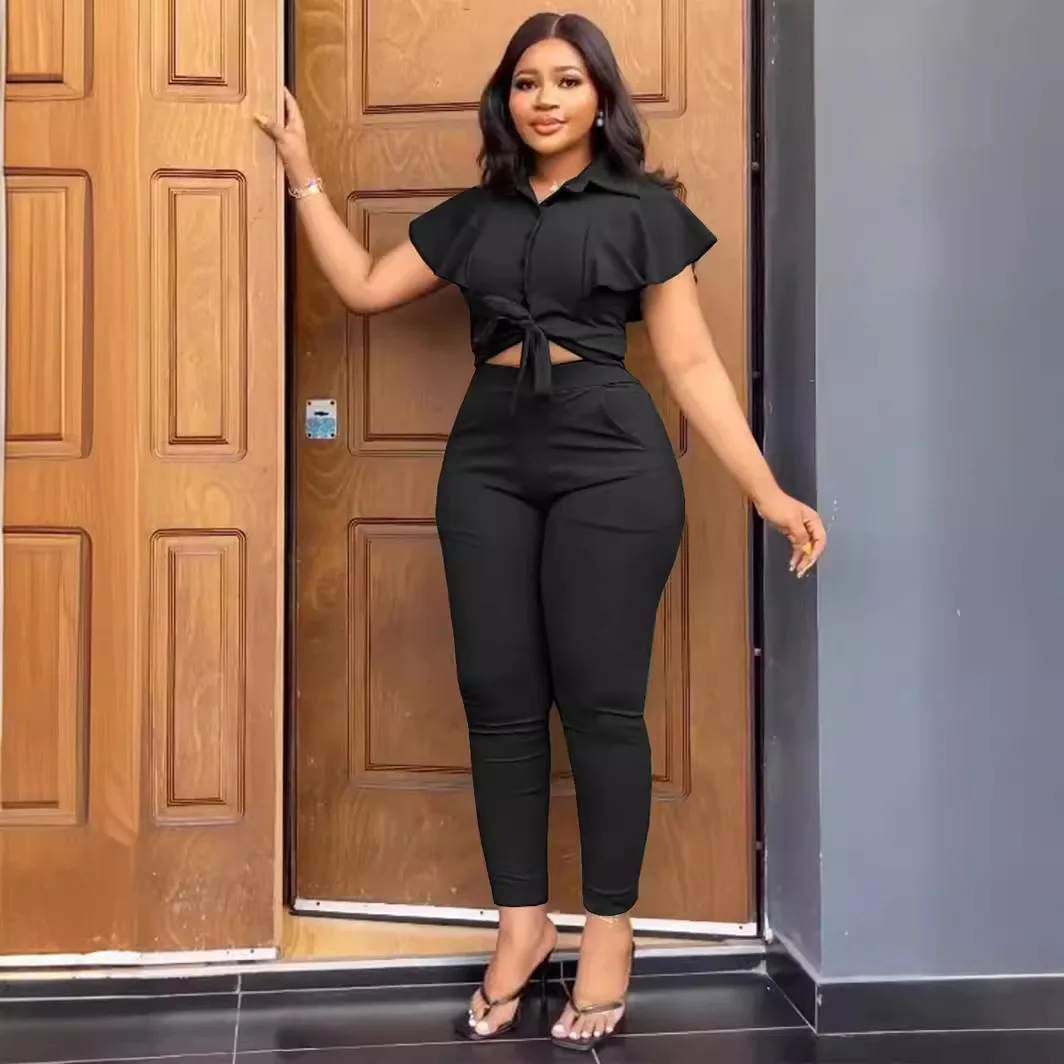 Женский комплект из двух предметов однотонный с топом и брюками весна-лето 2024