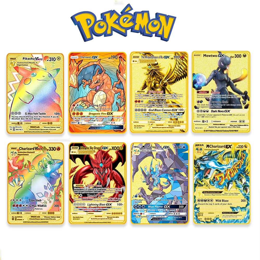 

Anime Pokemon Gold Card Metal Vmax EX Energy Cards Cartoon Figure Charizard Pikachu Mewtwo Game Battle Collection Card Kids Toy