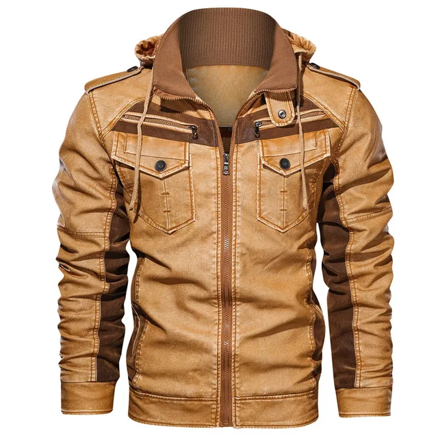

Men's Leather Jackets Winter Fleece Thick Mens Hooded Motorcycle PU Coats Male Fashion Outwear Brand Clothing