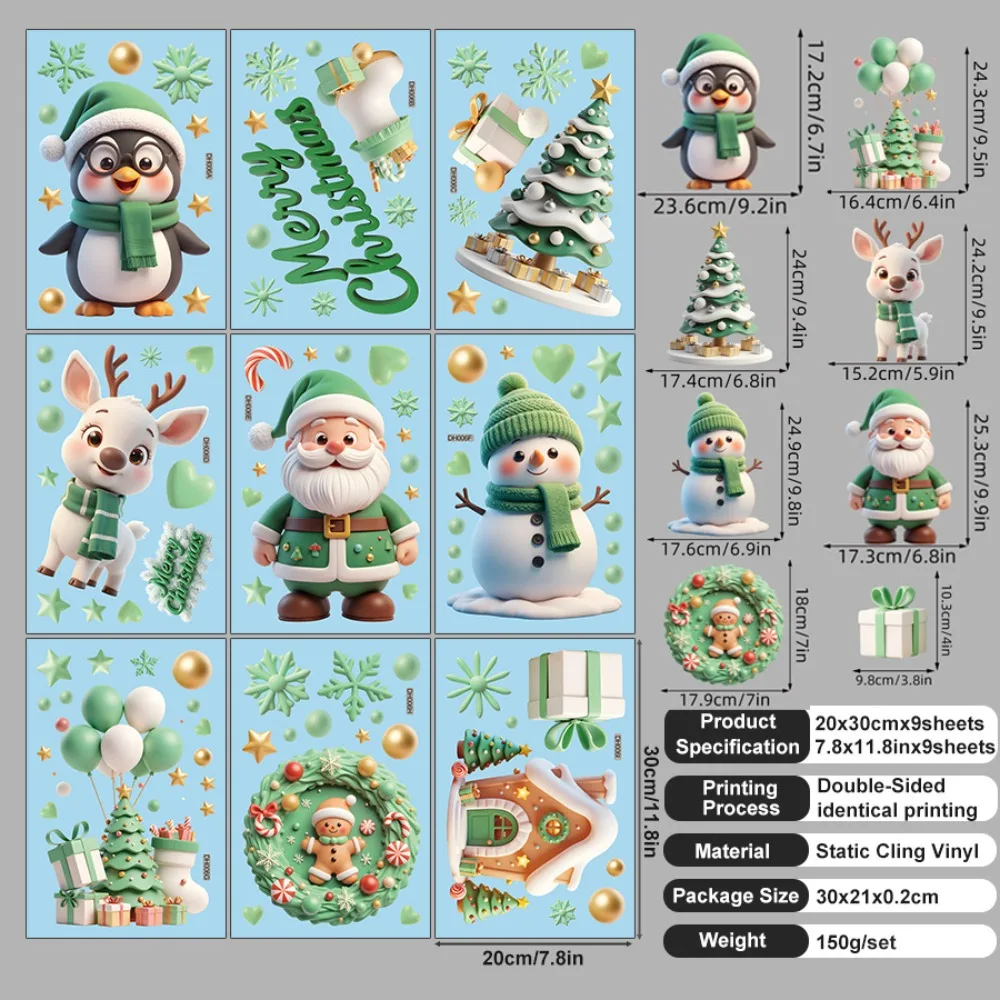 

Новогодние наклейки на окна зелёный Санта-Снеговик