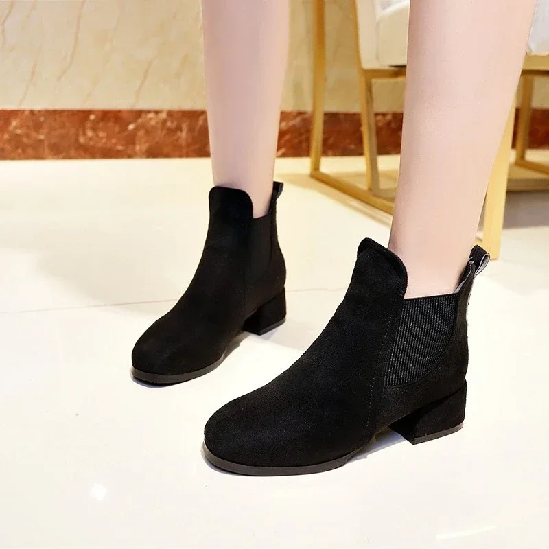 Женские ботильоны осенне-зимние ботинки без шнуровки однотонные повседневные