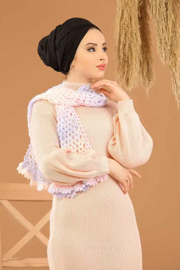

Balloon Sleeve Knitwear Hijab Dress Outdoor Powder-8278
