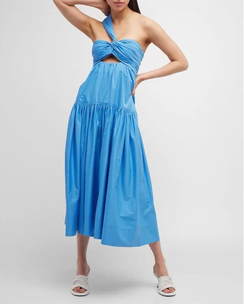 Women Single Strap Knot Design Strapless Hollow Out Midi Dress