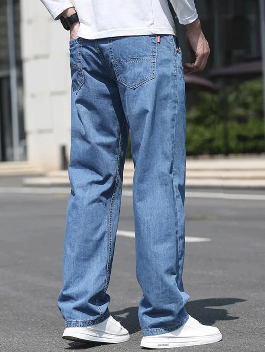 Classic Style Men Jeans Business Casual Straight  Loose Cotton Denim Pants Solid Light and thin breathable Trousers Male