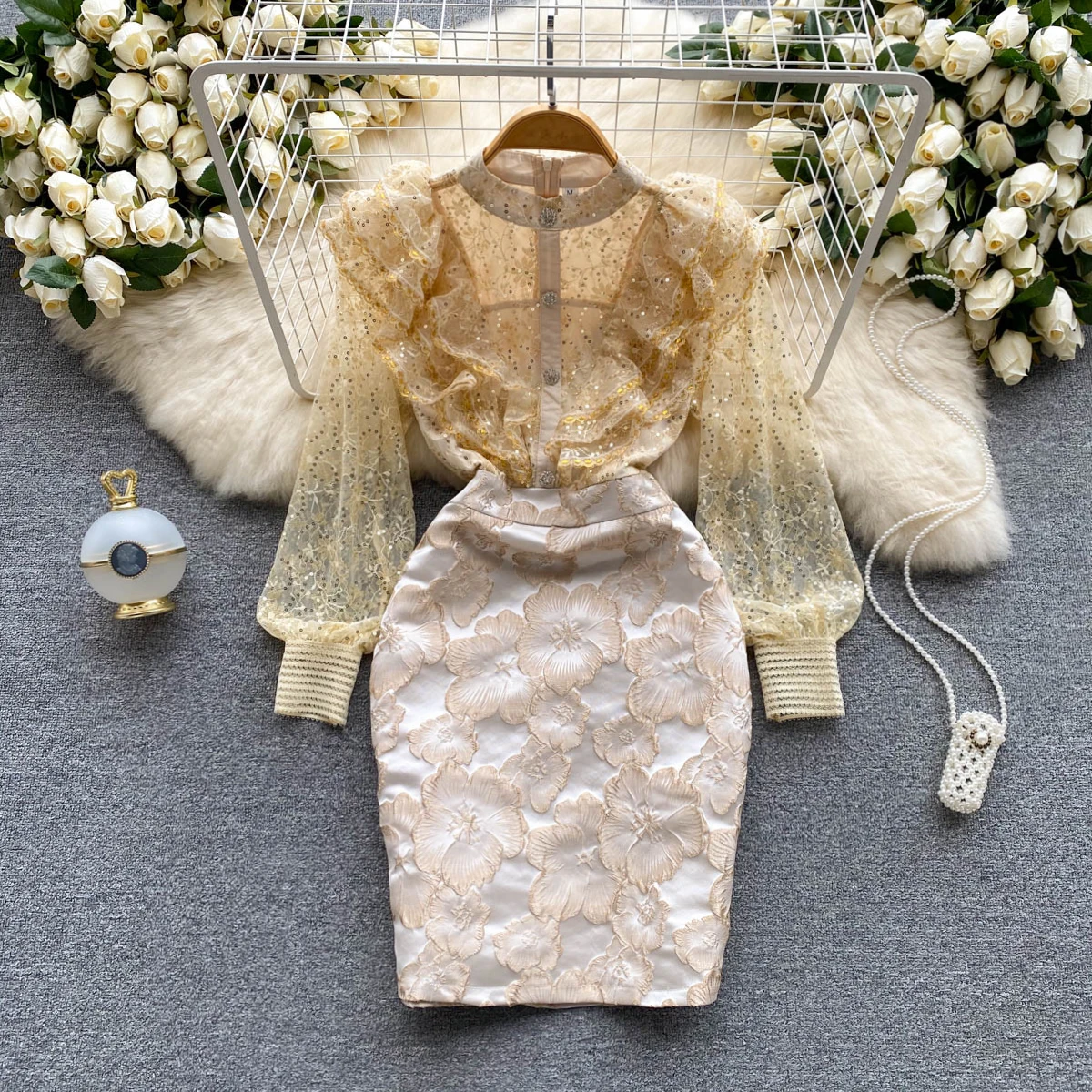 

Высококачественное кружевное жаккардовое приталенное элегантное платье с оборками и шитьем