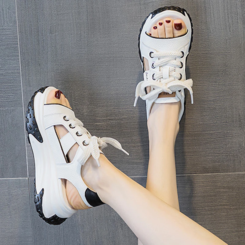 Peep Toe Genuine Leather Comfy Hollow Sandals Breathable Shoes Chunky Sneakers Spring Summer Platform Wedge Women Shoes