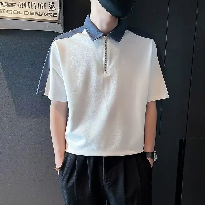 

Men's Clothing Trendy Contrast Color Short Sleeve Polo Shirt Youth Man Summer Korean Half Zipper T-shirts Casual Streetwear Tops