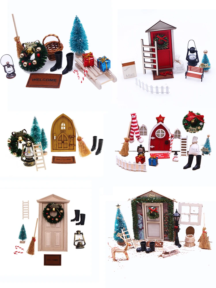 

Mini House Retro Door Christmas Decoration Set Miniature Wood Elf door Fairy Door Accessories Christmas Tree DIY decoration