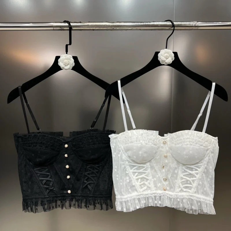 

BORVEMAYS 2023 Autumn Winter New Fashion Trend T-shirt Sleeveless Solid Color Lace Temperament Elegant Tank Tops Women WX269