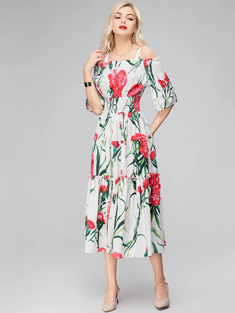 MoaaYina Fashion Runway dress Summer Women's Dress Spaghetti Strap Short Sleeve Flower Printing Elastic Waist Dresses