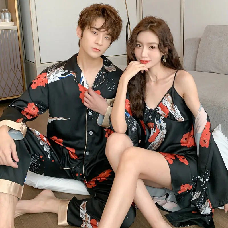1 Couples' ice silk pajamas Spring and autumn women's suspenders nightgown sexy bathrobe men's silk home clothes nightgown suit