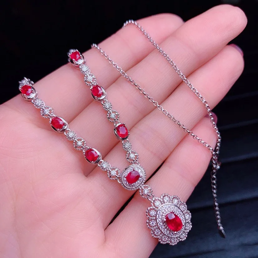 

Luxury 925 Sterling Silver Oval Natural Ruby Gemstone Necklace for Women wedding Fine Jewelry Chains