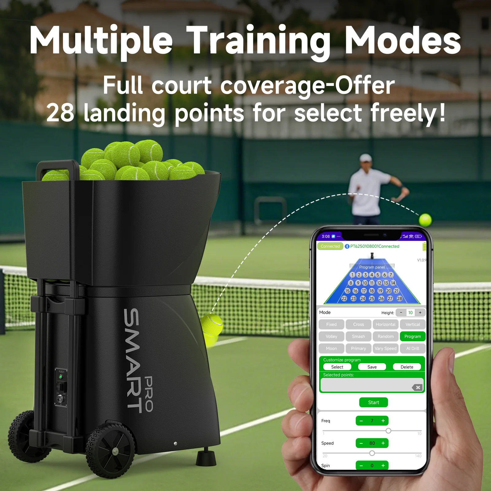 Фото PUSUN PT-Smart Pro Padel Tennis Ball Machine для профессиональных дрелей, большая емкость, i Watch&App&дистанционная регулировка скорости/Freq/Angle №2