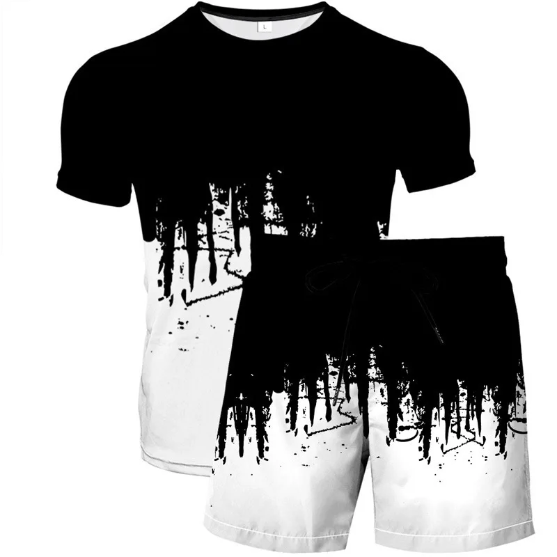 2023 Summer Men's 3D Printing Short Sleeve Shorts Two Piece Abstract Painted Comfortable T-shirt Set Men's and Women's Leisure T
