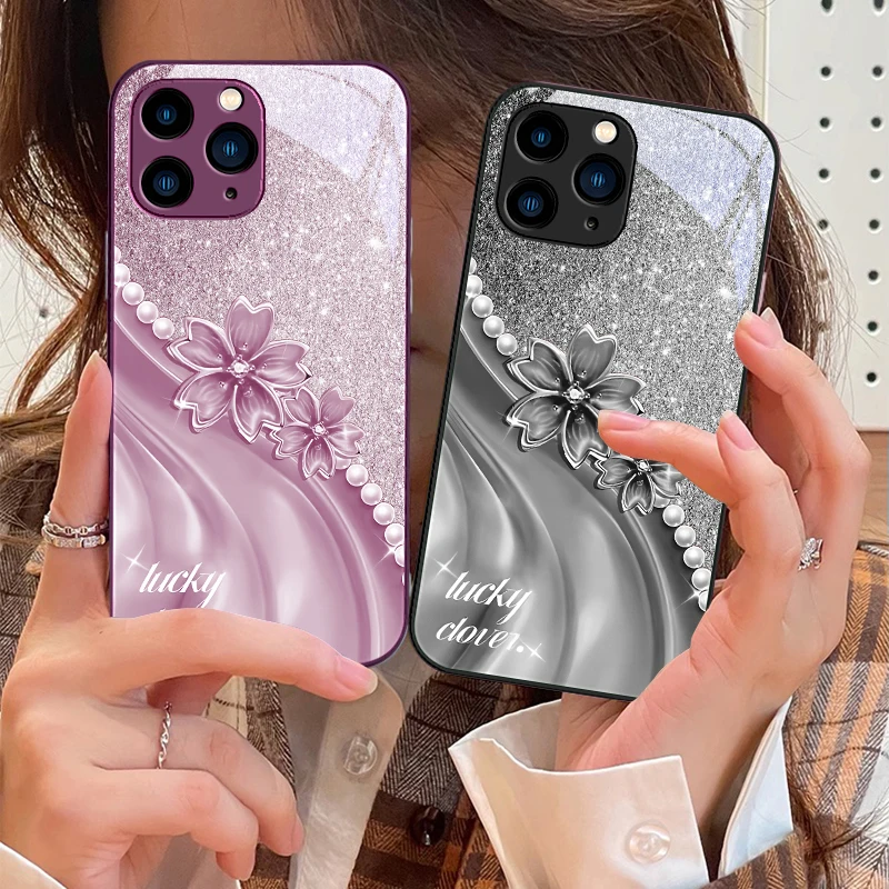 Creative Peach Blossom purple For IPhone 16 Pro Max 15 14 13 12 Mini 11 XS XR 7 8 Plu SE 2022 Tempered Glass Phone Case