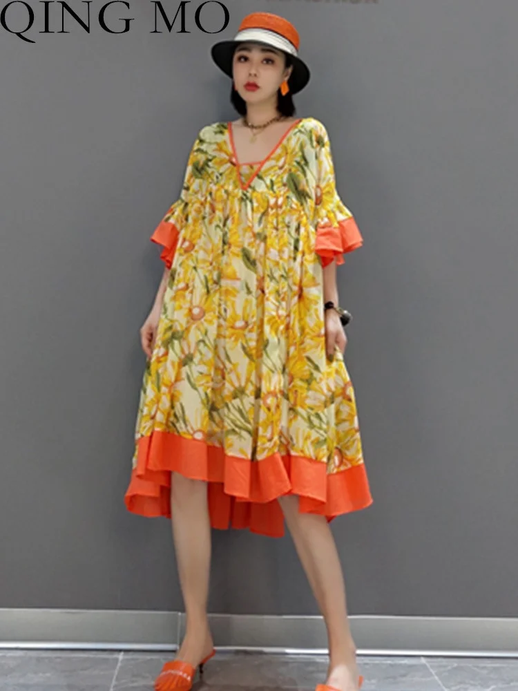 

QING MO 2023 Summer V-neck Pullover Dress Loose Printing Age Reduction Leisure Chiffon Printing Dress Women's LHX288