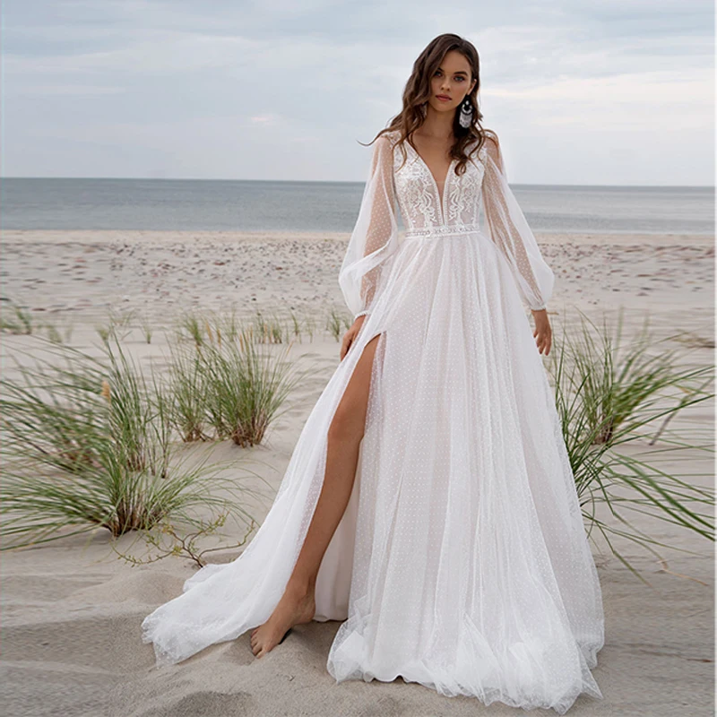 

Женское свадебное платье в горошек It's yiiya, белое кружевное ТРАПЕЦИЕВИДНОЕ платье из тюля с разрезом и V-образным вырезом на лето 2019