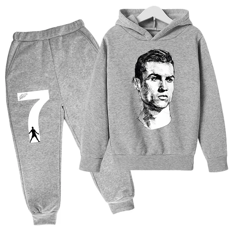 

Ronaldo printed children's hoodie autumn and winter velvet sweatshirt pants 2-piece set boys and girls gray children's clothing